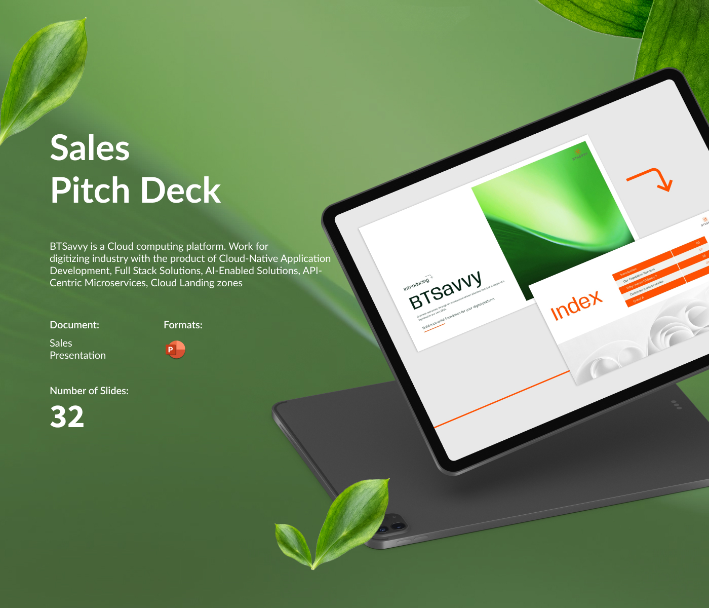 This is a cover mock up for a BTSavvy picth deck presentation design, the purpose serve here for the showcasing the main slides for the pitch deck design