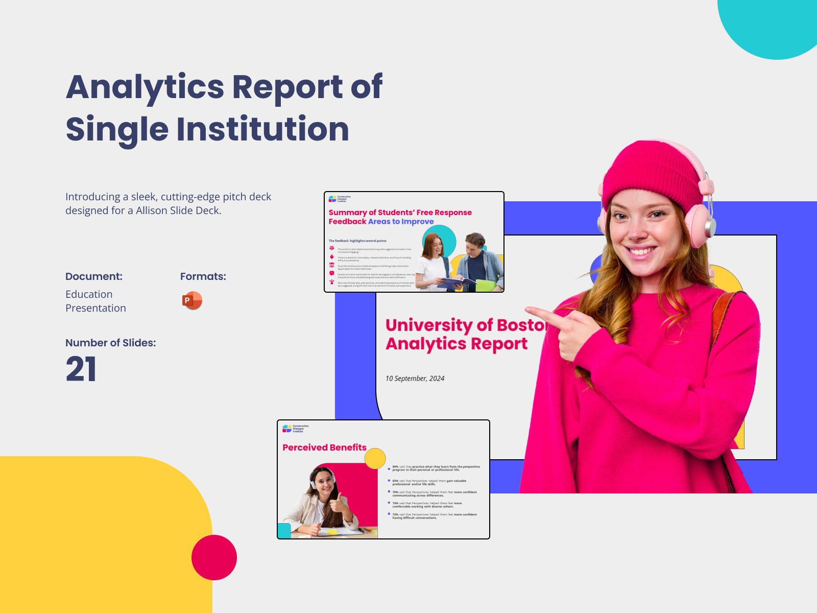 This Image appears about Analytics Report of Single Institution in 3 slides with some picture