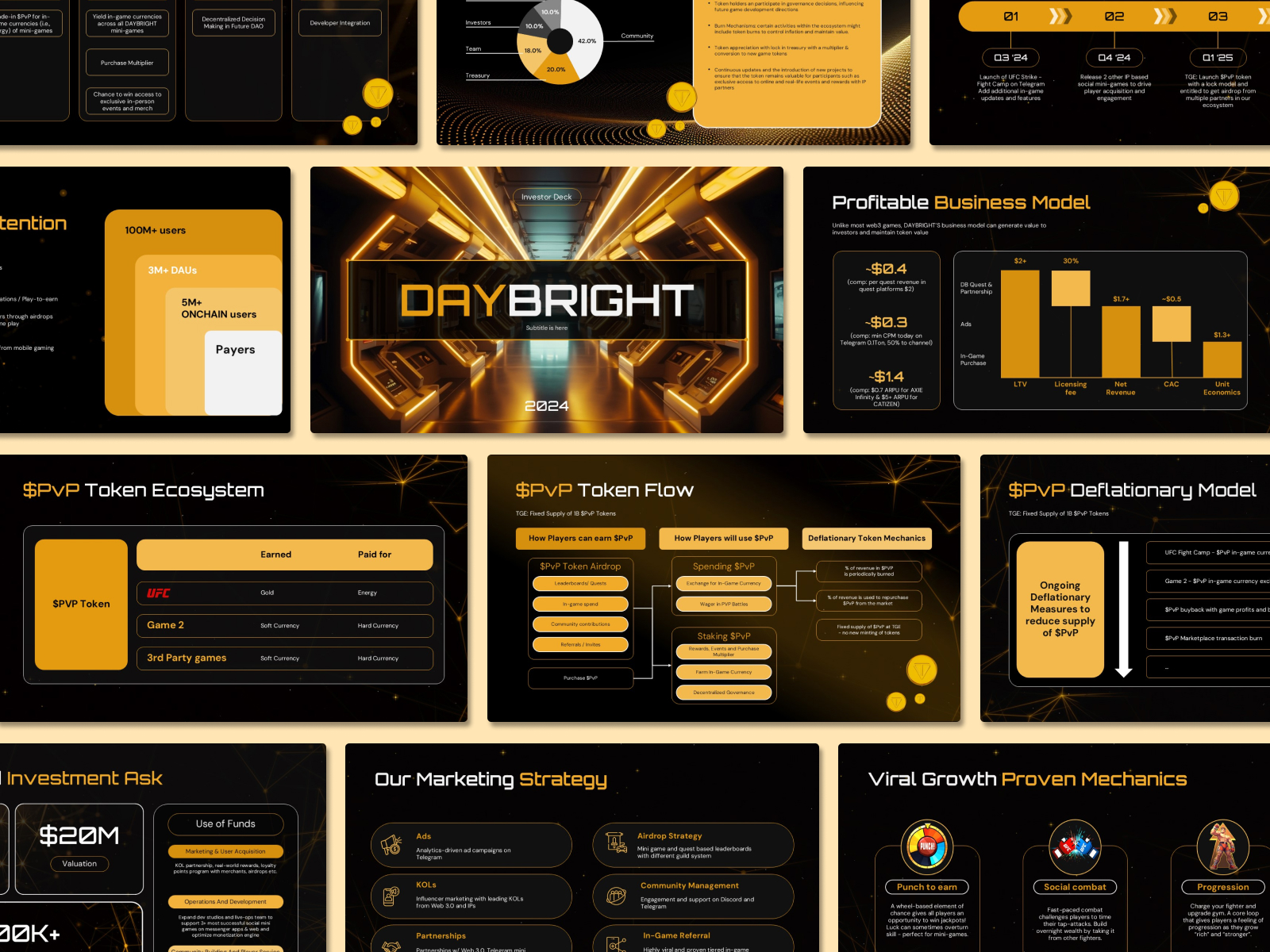 The image appears to be a futuristic, sleek design showcasing a corridor with warm orange and yellow lighting. The center displays the text "DAYBRIGHT" in bold, modern font, with a smaller subtitle placeholder underneath ("Subtitle is here"). Above the title, there's an "Investor Deck" label, suggesting this is part of a presentation slide. The background features a high-tech, glowing environment, possibly resembling a spaceship or advanced facility, and the year "2024" is prominently shown at the bottom. The overall aesthetic conveys innovation and a forward-thinking tone.