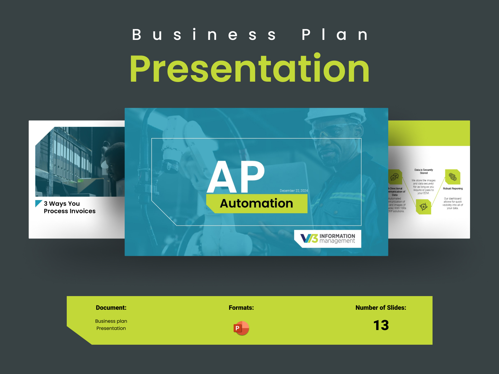 A business plan presentation slide featuring 'AP Automation' by V3 Information Management. The slide highlights automation in accounts payable, data security, and process efficiency. Document details: PowerPoint format, 13 slides in total.