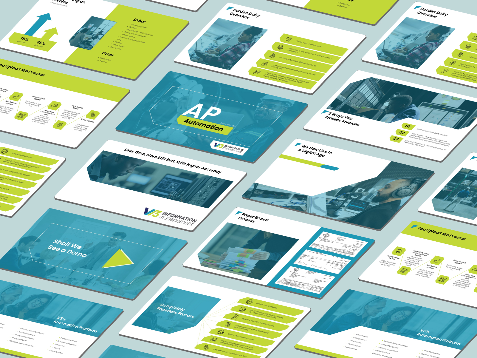 A business plan presentation slide featuring 'AP Automation' by V3 Information Management. The slide highlights automation in accounts payable, data security, and process efficiency. Document details: PowerPoint format, 13 slides in total.