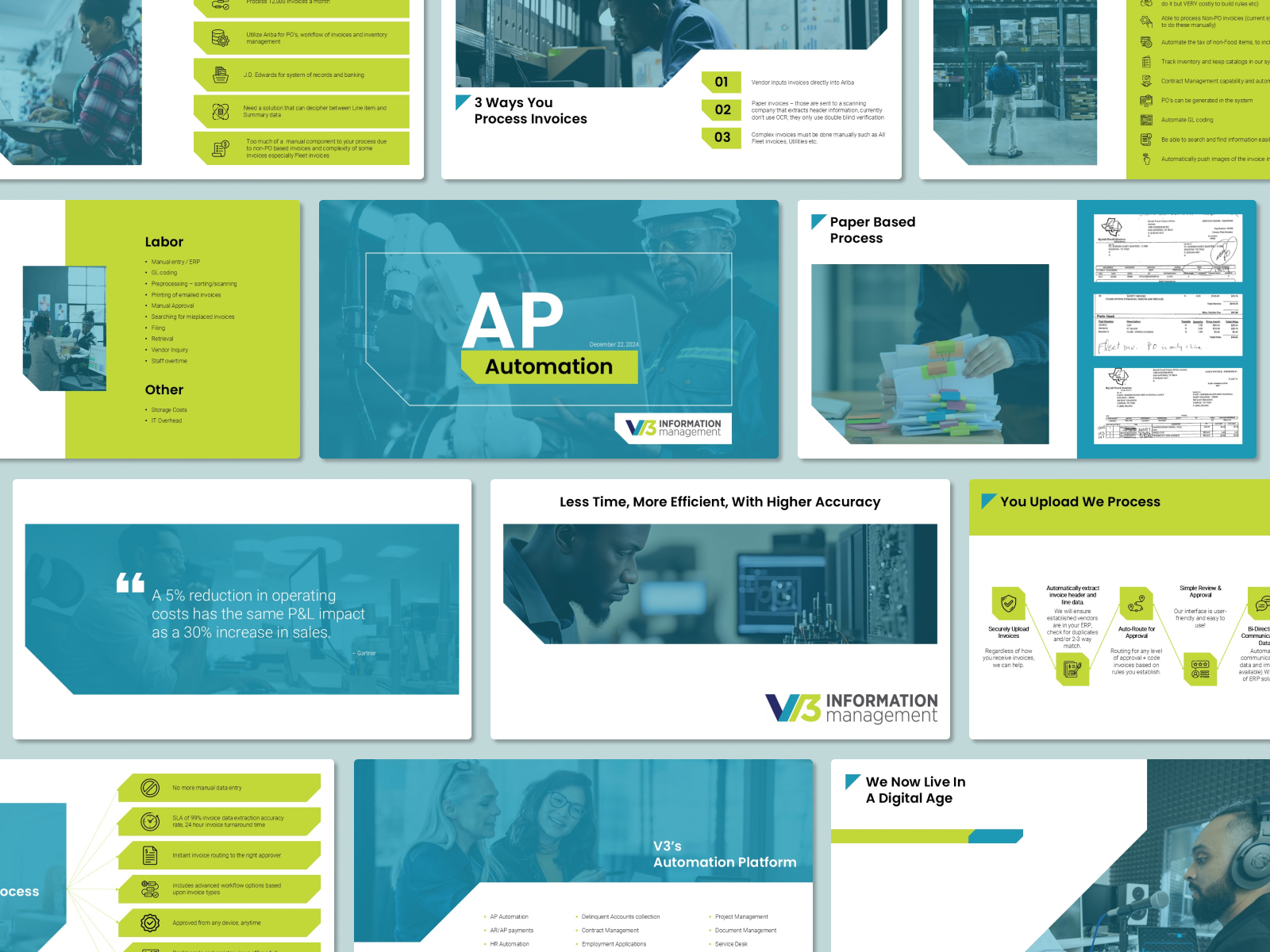 A business plan presentation slide featuring 'AP Automation' by V3 Information Management. The slide highlights automation in accounts payable, data security, and process efficiency. Document details: PowerPoint format, 13 slides in total.